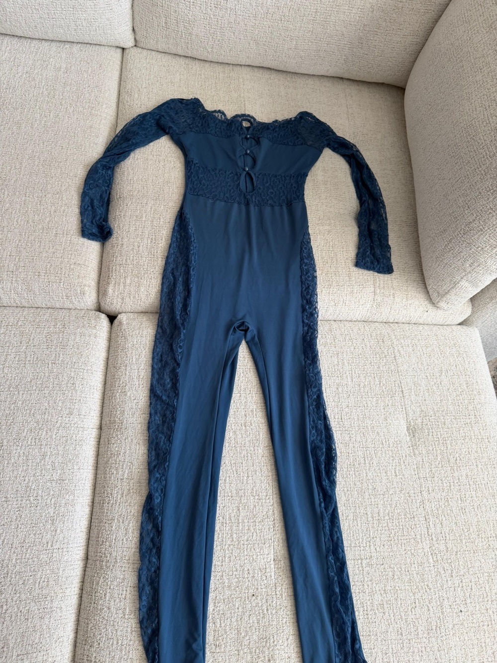 Navy Lace Trim Long-Sleeve Jumpsuit